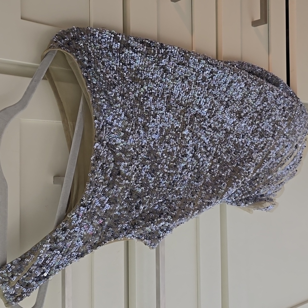 Patrizia Pepe Stunning Sequin Silver, One Shoulder Top, See Through back. Sz 42